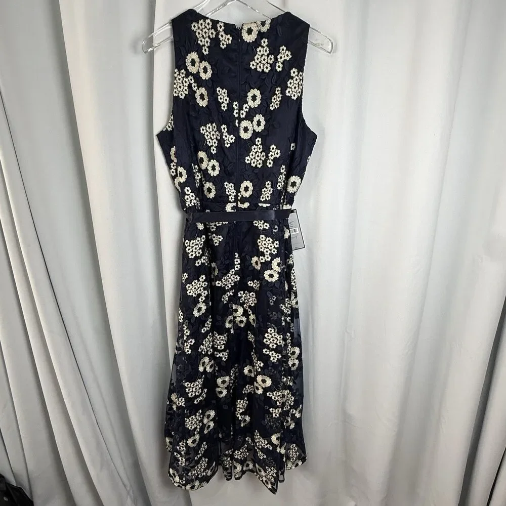 Tahari ASL Embroidered Midi Fit & Flare Dress Navy & Tan Lace Overlay Sz 10 New - Picture 5 of 9